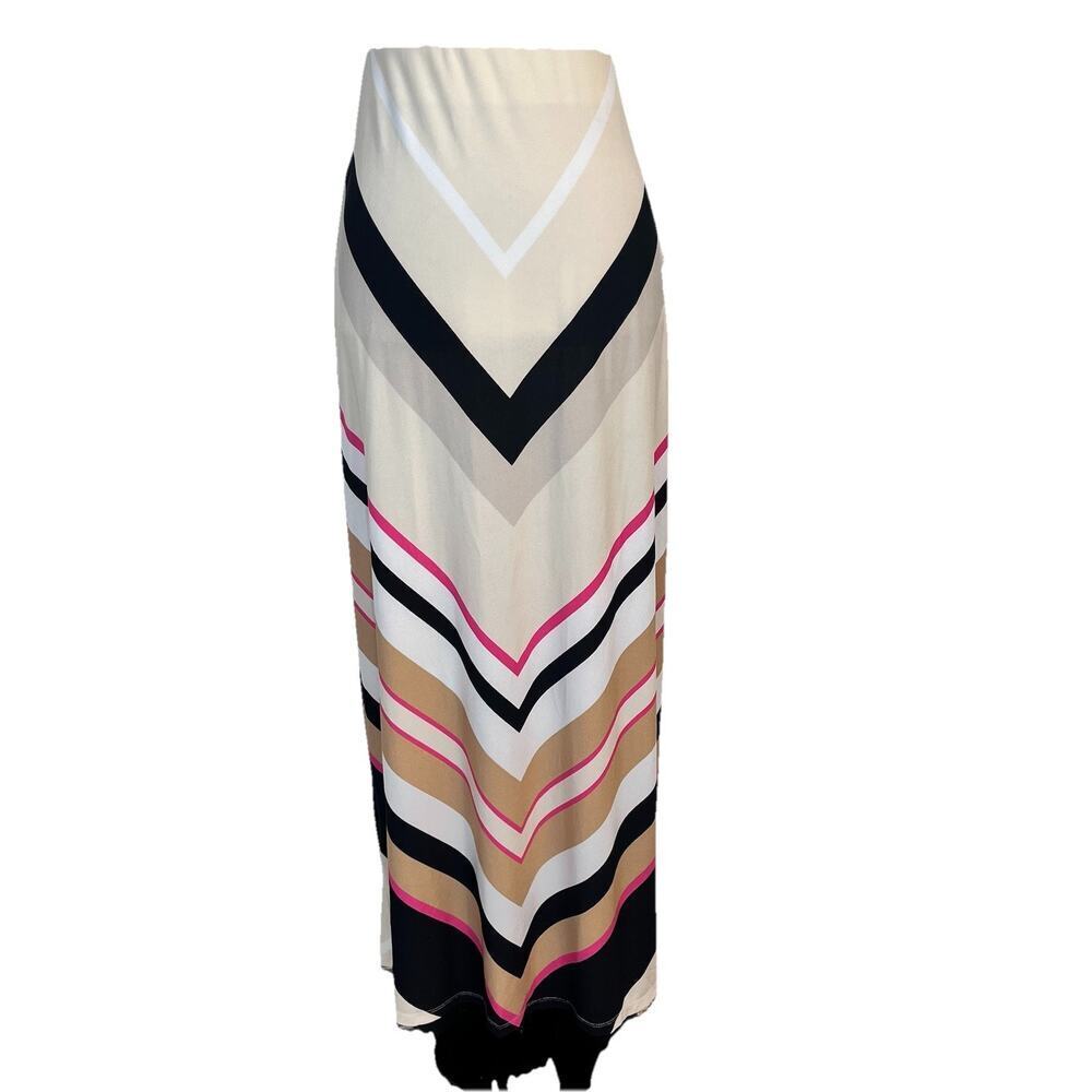 ECI New York Skirt size Small Long Maxi A Line Slink Chevron Pink Khaki Stretch